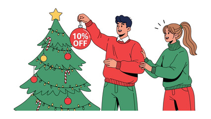  Festive Season with Christmas tree & Sales : A couple works together to decorate a christmas tree, highlighting a festive sale deal and bringing christmas joy.