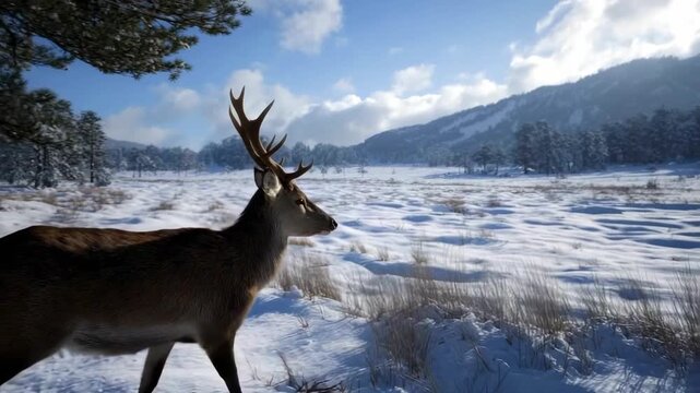A brown deer-like animal with antlers stands in a snowy field with trees and distant mountains under a cloudy blue sky