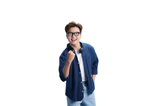 Youthful Joy and Optimism: A young individual embodies happiness, celebrating success with a fist pump and a radiant smile, capturing the essence of youthful optimism and achievement.