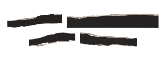 Torn black paper strips with rough edges isolated on transparent PNG background
