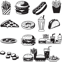Fast Food Feast: A hand-drawn collection of iconic fast food items, perfect for illustrating a variety of food vector