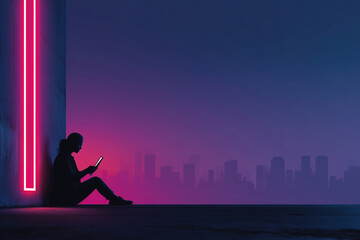 Silhouette of young adult woman sitting against illuminated wall using digital tablet with glowing screen, futuristic city skyline visible in background, vibrant neon lighting