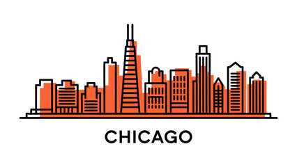 Chicago Cityscape: An abstract outline of the iconic Chicago skyline, with a minimalist design featuring towering skyscrapers, representing a bustling metropolis and urban landscape.