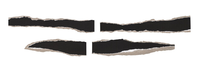 Realistic torn notebook paper tape borders, black scraps isolated as clipart

