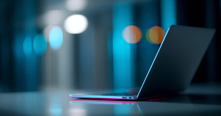 A laptop sits on a table with colorful lights reflecting off of it, in the background is out-of-focus blue and orange circles