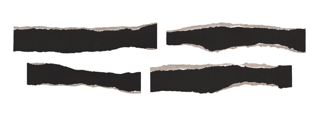 Realistic torn notebook paper tape borders, black scraps isolated as clipart
