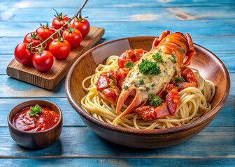 On a blue plate and in a wooden bowl over a white and transparent background Lobster Thermidor Pasta, with a small side of tomato sauce white background