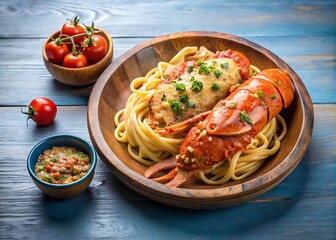 On a blue plate and in a wooden bowl over a white and transparent background Lobster Thermidor Pasta, with a small side of tomato sauce white background