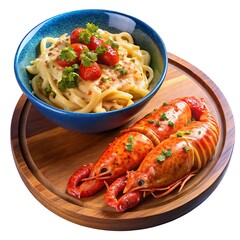 On a blue plate and in a wooden bowl over a white and transparent background Lobster Thermidor Pasta, with a small side of tomato sauce white background