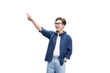 Joyful Direction: A stylish individual, radiating optimism, points toward a promising future with a gesture of anticipation and excitement. A visual expression of youthful enthusiasm.