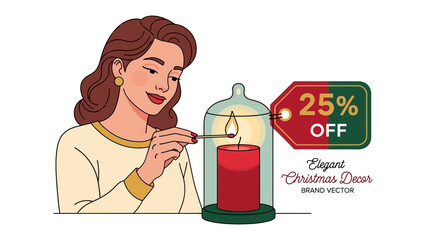 Cozy Christmas Cheer: An elegant illustration depicts a woman kindling a candle within a glass dome, enhancing the cozy essence of Christmas decor with an enticing discount.