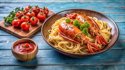 On a blue plate and in a wooden bowl over a white and transparent background Lobster Thermidor Pasta, with a small side of tomato sauce white background