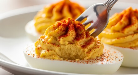 Close-up of a delicious deviled egg appetizer sprinkled with paprika on a white plate