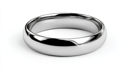 A shiny metallic ring with a smooth polished finish reflects light on a white background,