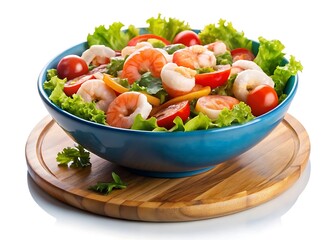 On a blue plate and in a wooden bowl over a white and transparent background Refreshing Shrimp Cocktail Salad, with a small side of tomato white background