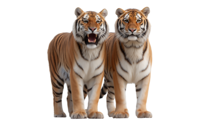 Two majestic tigers stand side-by-side, isolated on transparent background