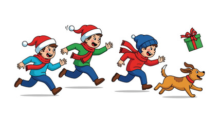 Joyful Chasing: A cheerful illustration of three kids joyfully chasing a dog in festive attire with a gift, capturing the fun of a holiday celebration.