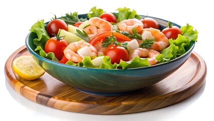 On a blue plate and in a wooden bowl over a white and transparent background Refreshing Shrimp Cocktail Salad, with a small side of tomato white background