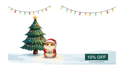 Holiday cheer featuring Festive rodent: An adorable, festive rodent wearing a Santa hat holds gifts by a decorated Christmas tree with cheerful lights in a cozy snow scene.
