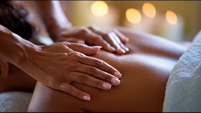 African American woman receiving a back massage at a spa salon.