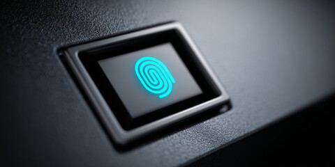 A close up of a fingerprint scanner with the image lit in blue light on it's screen
