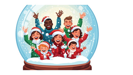 Joyful Winter Celebration: A vibrant illustration depicts a diverse group of people joyfully celebrating the winter season, a sense of unity and togetherness within a charming snow globe.