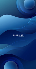 Vertical abstract background in blue tones with soft wave lines and floating 3D spheres