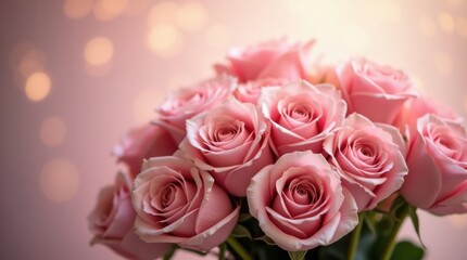 Fototapeta premium Stunning bouquet of delicate pink roses with soft bokeh background, perfect for romance and celebrations