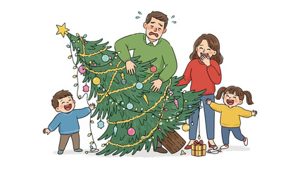 Christmas Tree Mishap: A family grapples with a tilting Christmas tree, moments of holiday cheer and shared laughter. A humorous scene, decorated Christmas tree, adding to the holiday memories.