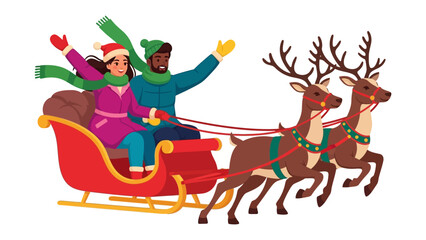 Winter Wonderland Ride: A joyous couple embarks on a sleigh ride, pulled by reindeer through a snowy, winter landscape, embodying the spirit of celebration and seasonal fun.