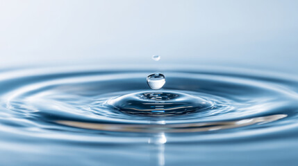 A water droplet falling into a body of blue liquid, creating concentric ripples and waves on the surface.