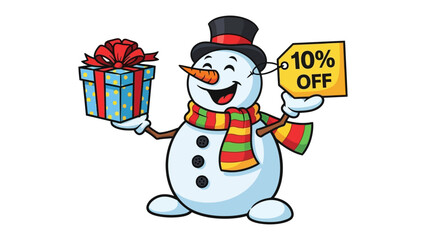 Festive Snowman: A jovial snowman, adorned with a cozy scarf and top hat, gleefully holds a gift box and a 10% Off sign, embodying the spirit of celebration and savings.