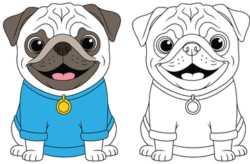 Happy Pug Dog in Blue Sweater Vector Illustration. Cute cartoon puppy graphic resource featuring side-by-side color image and outline coloring page design.