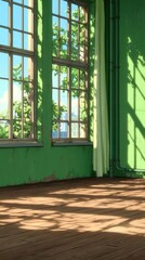 Fototapeta premium Bright sunny interior, spacious room with green walls and large windows casting shadows on wooden floor, ideal for creative work.