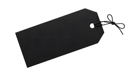 A blank black paper tag with a string tied to it, isolated on a transparent background