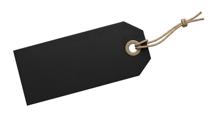 A blank black price tag with a string, isolated on transparent background