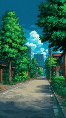 Obraz premium Serene path lined with lush trees, vibrant greenery under a bright blue sky, inviting nature walk and relaxation.