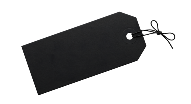 A blank black paper tag with a string tied to it, isolated on a transparent background