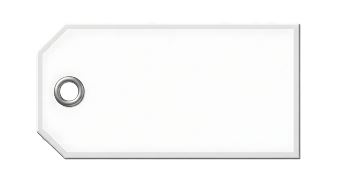 A blank white rectangular tag with a reinforced hole on the left side, isolated on transparent background