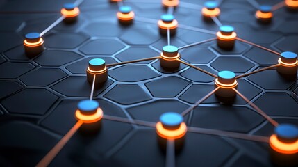 Abstract network connections on a dark hexagonal surface with glowing nodes and dynamic lines