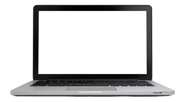 Modern silver laptop with a blank white screen on a black background