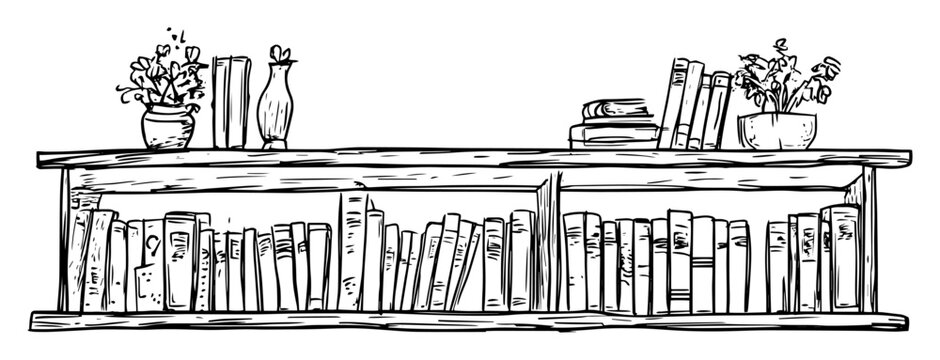 monochrome hand-drawn vector sketch of bookshelf with books and small decor