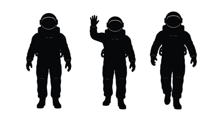 Three black silhouettes of astronauts in space suits standing together