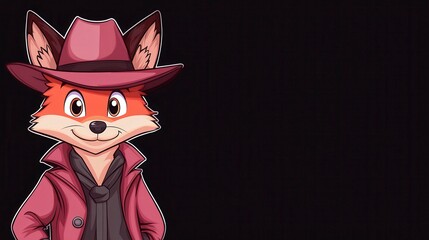 Friendly cartoon fox detective wearing a stylish hat and coat, standing confidently against a dark background