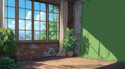 Obraz premium Bright indoor space with large windows, green accent wall, sunlight illuminating wooden floor, perfect for relaxation or creativity.