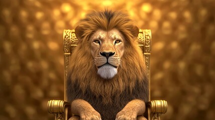 Majestic lion seated on a golden throne, radiating power and confidence against a shimmering backdrop