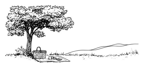 monochrome hand-drawn vector sketch of picnic scene under a tree in open field © Kaz