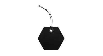A black hexagonal tag with a string, isolated on transparent background