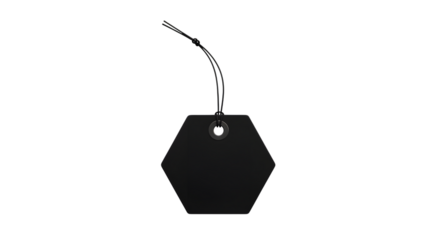 A black hexagonal tag with a string, isolated on transparent background