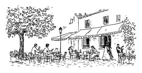 Naklejka premium hand-drawn vector illustration of outdoor cafe scene with people in monochrome outline style